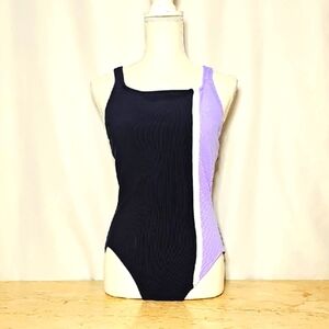 Vintage Jag One-piece Black & Lavendar Purple Swim Suit Nylon Blend Vtg Size 14
